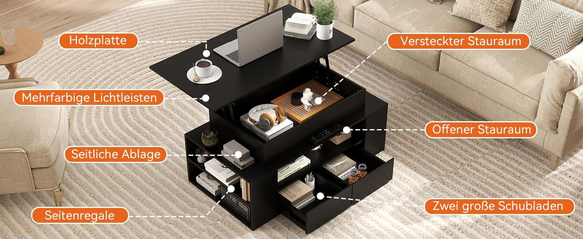 Puluomis Couchtisch mit Schublade, Abhebbarer Tischplatte, RGB Lichtleiste mit App Steuerung Kaffeetisch Schreibtisch Sofatisch für Wohnzimmer schwarz