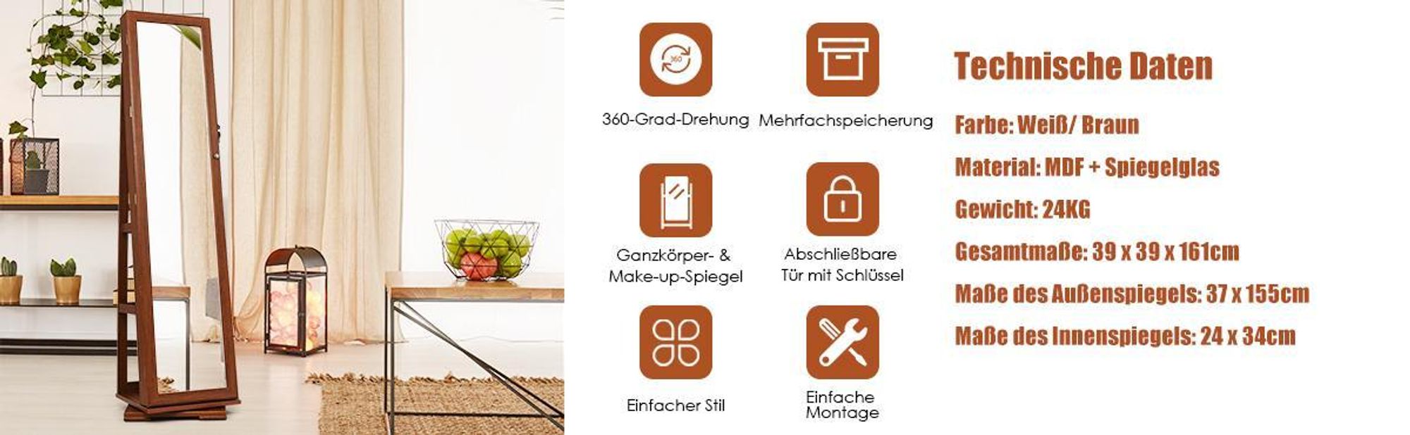 COSTWAY Schmuckschrank, Spiegelschrank mit Ganzkörperspiegel & eingebauter Make-up-Spiegel, 360° drehbar, abschließbar, Schmuck-Organizer Braun