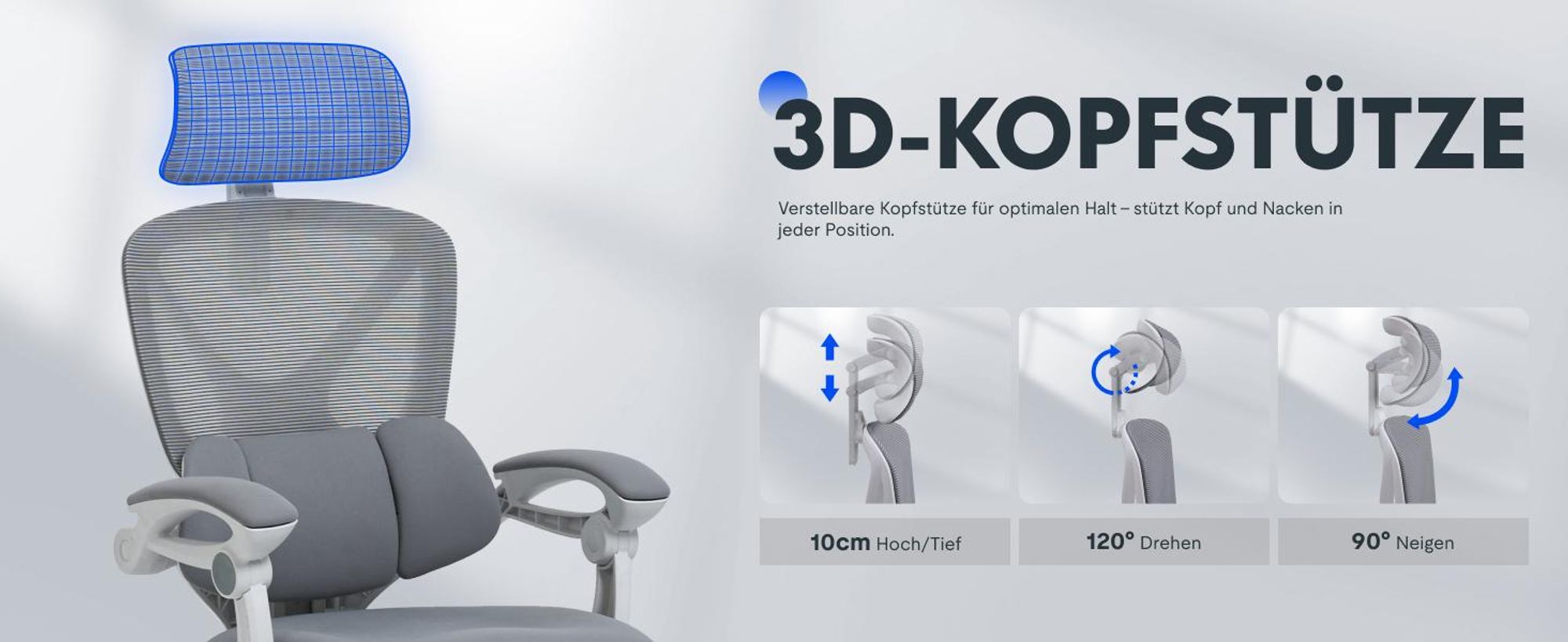 FLEXISPOT Ergonomischer Bürostuhl mit 3D-Kopfstütze, verstellbarer Lendenstütze, Wippfunktion 90–135°, Verbindungsarmlehnen, Fußstütze, 136 kg, Grau