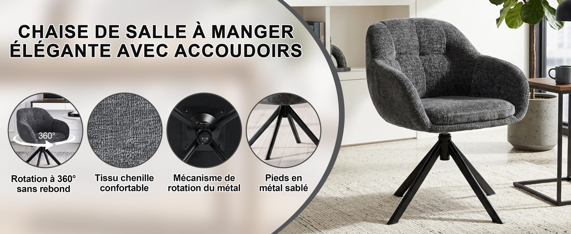 Fauteuil de salon Duhome en chenille, chaise de coiffeuse, chaise de salle à manger avec coque pivotante à 360°, gris