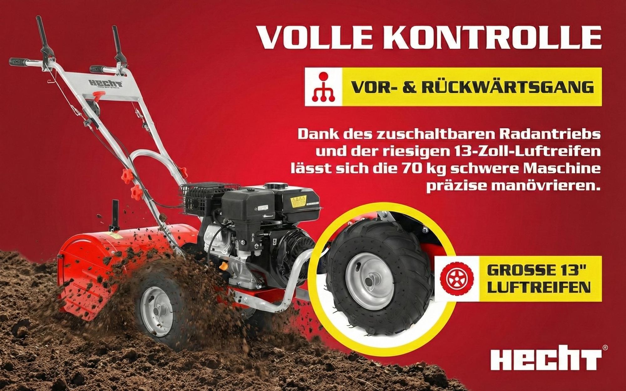 HECHT 750 Motorhacke Benzin 50 cm Arbeitsbreite 34 cm Arbeitstiefe 6,5PS 209cm³ 12 Hackmesser