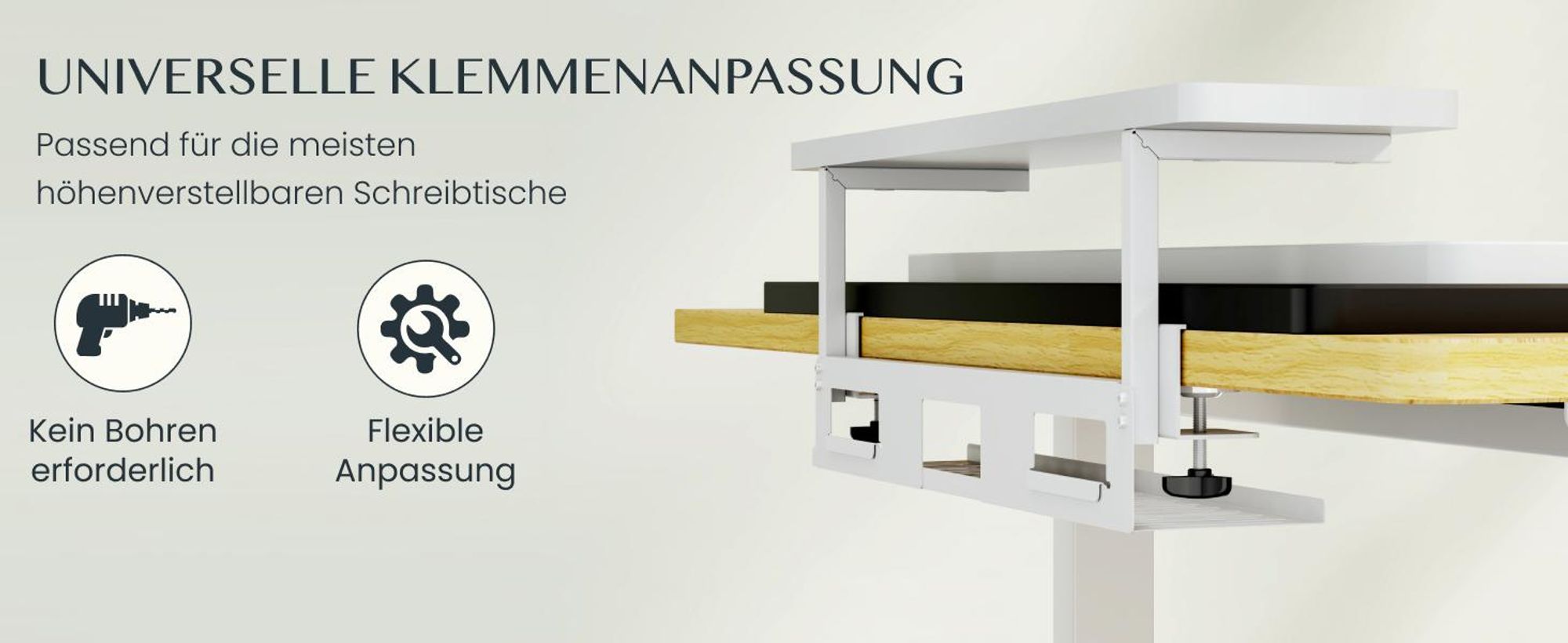 FLEXISPOT Monitorständer mit Klemme, 2 Ablagen, Kabelmanagement, 20 kg Tragkraft, 100 x 20 cm, bis 25 mm Tischplatte, Weiß