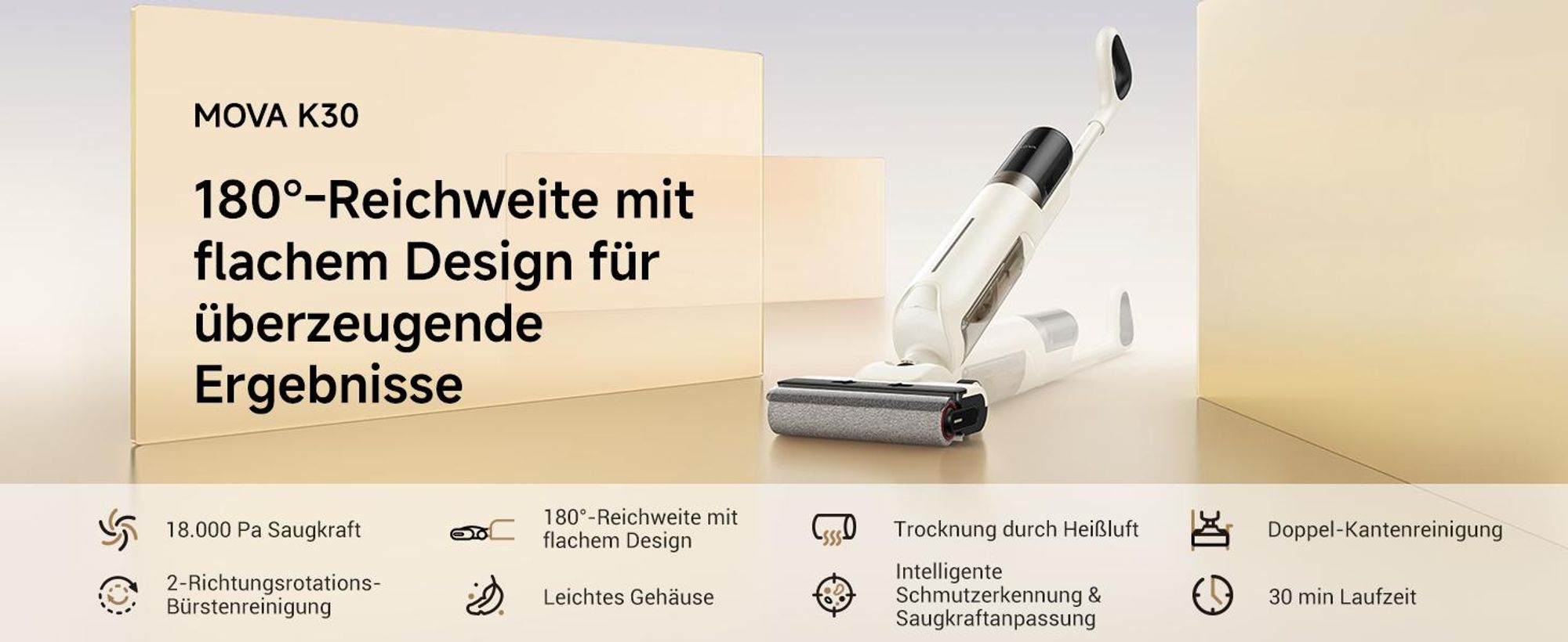 MOVA K30 Nass- & Trockensauger, 18.000 Pa, 180° Reichweite, flaches Design, Doppel-Kantenreinigung, Heißluft-Trocknung, Selbstreinigung