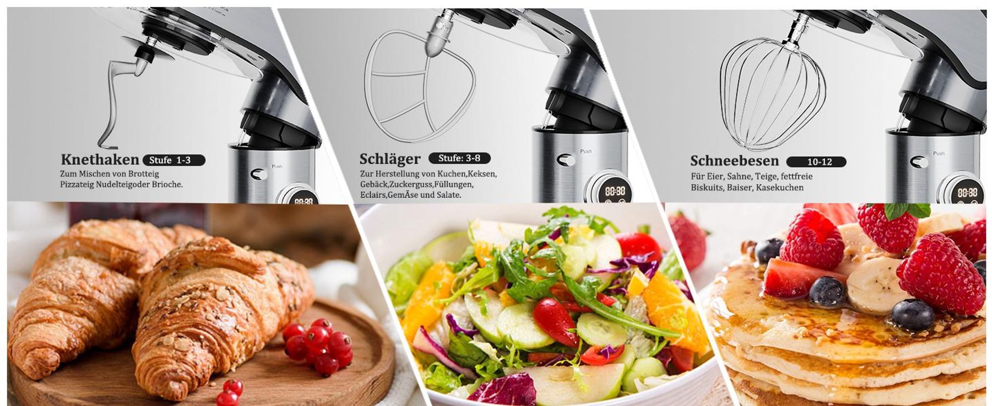 HOMELUX 2500W Küchenmaschine Multifunktional Knetmaschine, 12L Knetmaschine inkl 4-Teiligem Patisserie-Set und Spritzschutz, 12 Geschwindigkeit