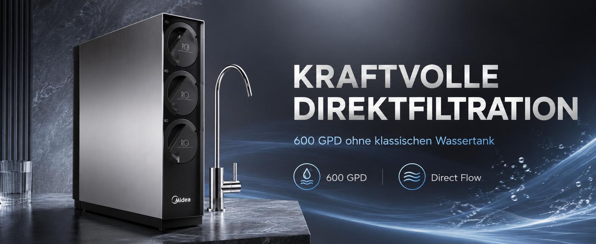 Wasserfilter Midea 600GPD Smart WiFi, tankloses Umkehrosmose System, 3 stufige Filterung, Direct Flow, 2270 l pro Tag