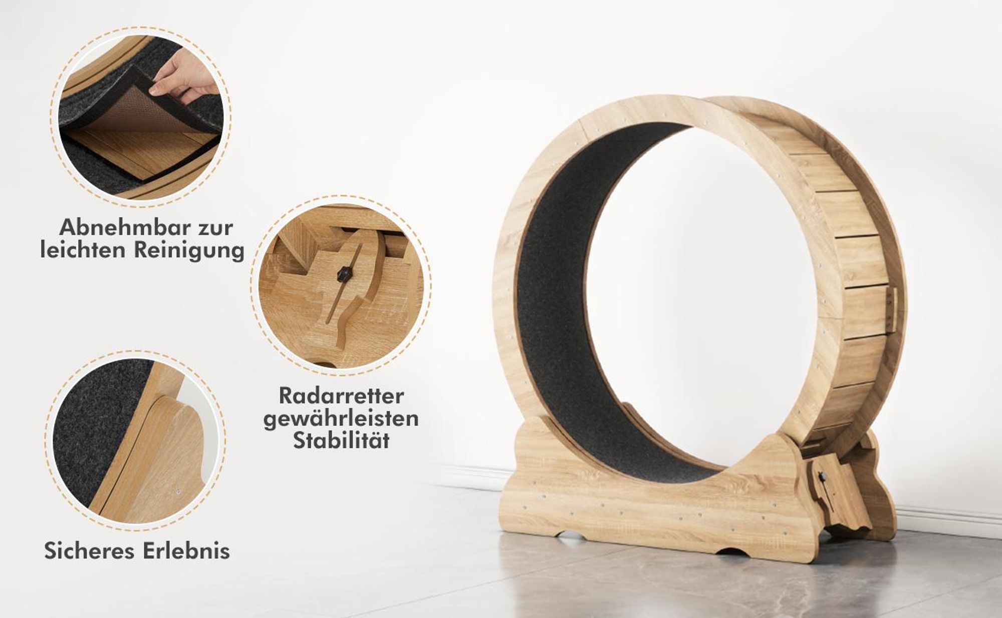 Mondeer Tier-Intelligenzspielzeug Laufband für Katzen,Innendurchmesser 80cm,Sicherheitsschloss-Design, Leises Scrollrad,90 x 97 x 36CM Naturholz