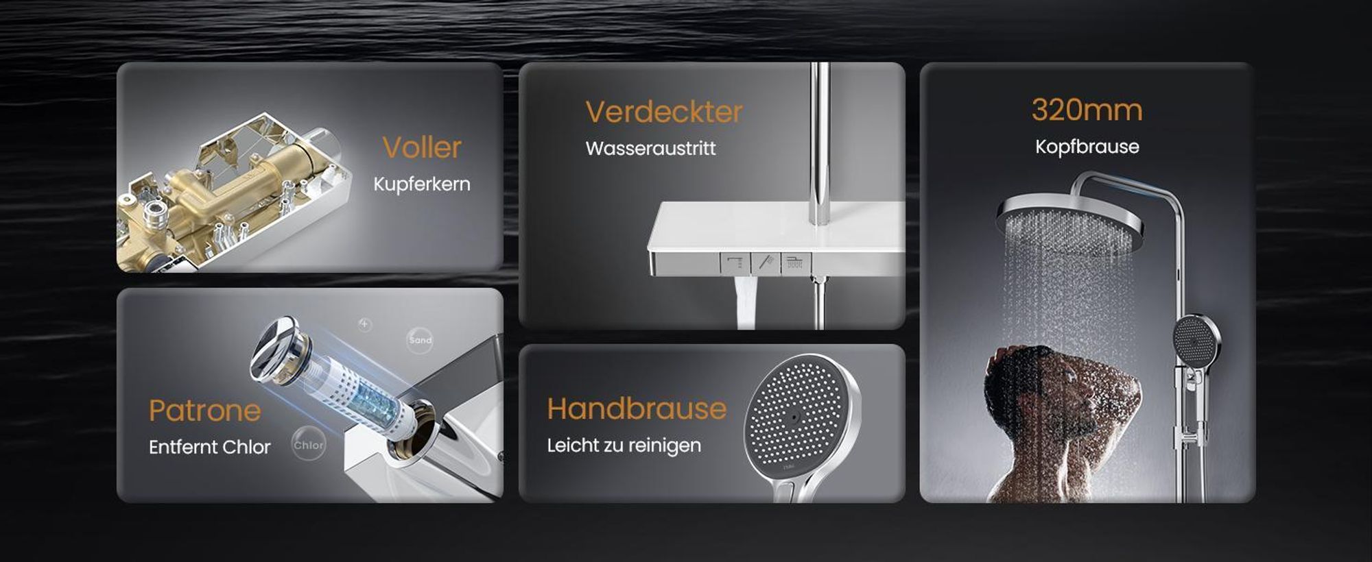 EMKE Duschsystem mit Thermostat – Edelstahl Duscharmatur-Set, 3-Strahlarten Handbrause, Rund Regendusche, Bad- & Duscharmaturen, Chrom F22