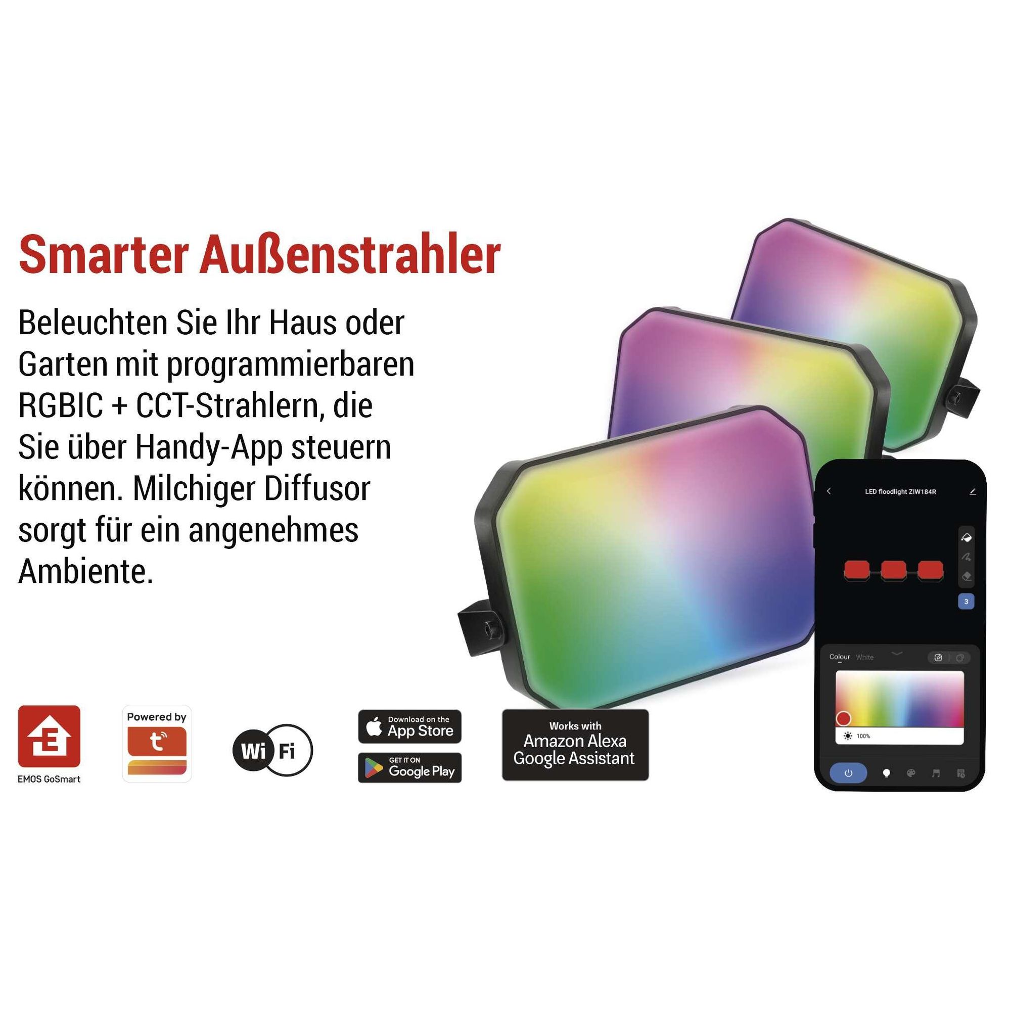 EMOS Smart Gartenfluter 2in1, Startset 3 Stk, WiFi, RGBIC+CCT-Farbspektrum, dimmbar, erweiterbar, HandyApp, Sprachassistenten, wasserdicht, ZIW184R