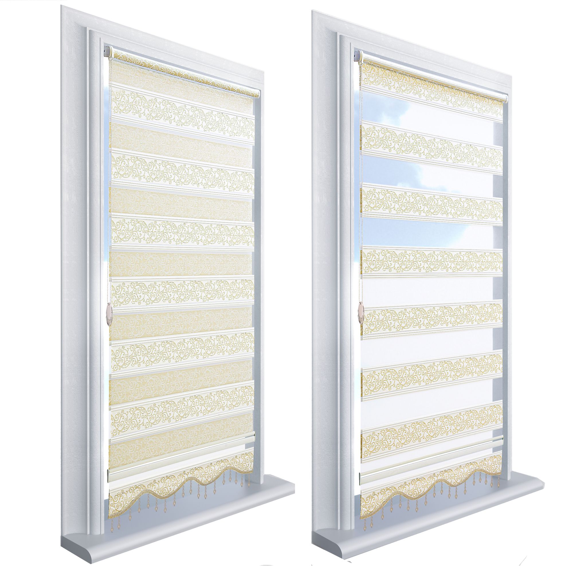 Brillant Doppelrollo Gold Glitzert Ornamente Design mit Perlen Raffrollo Gardinen