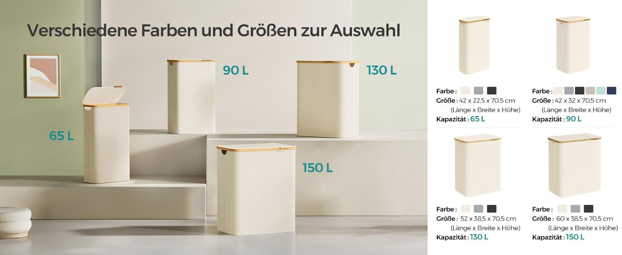 SONGMICS Wäschekorb mit Deckel, 65 L, herausnehmbarer Wäschesack,Griffe aus Bambus