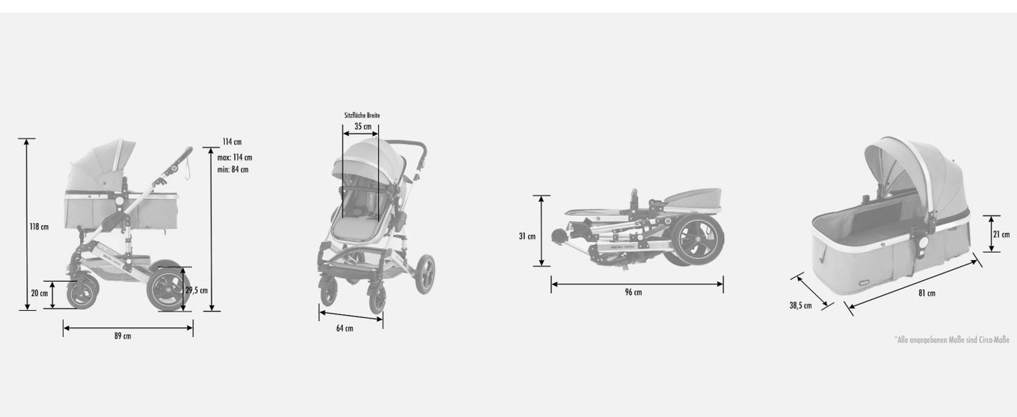 Daliya® BAMBIMO 2in1 Kinderwagen mit Airless-Rädern, leichtem Aluminiumrahmen & 2in1 Babywanne oder Sportsitz, Kombi-Kinderwagen, Buggy & Stroller