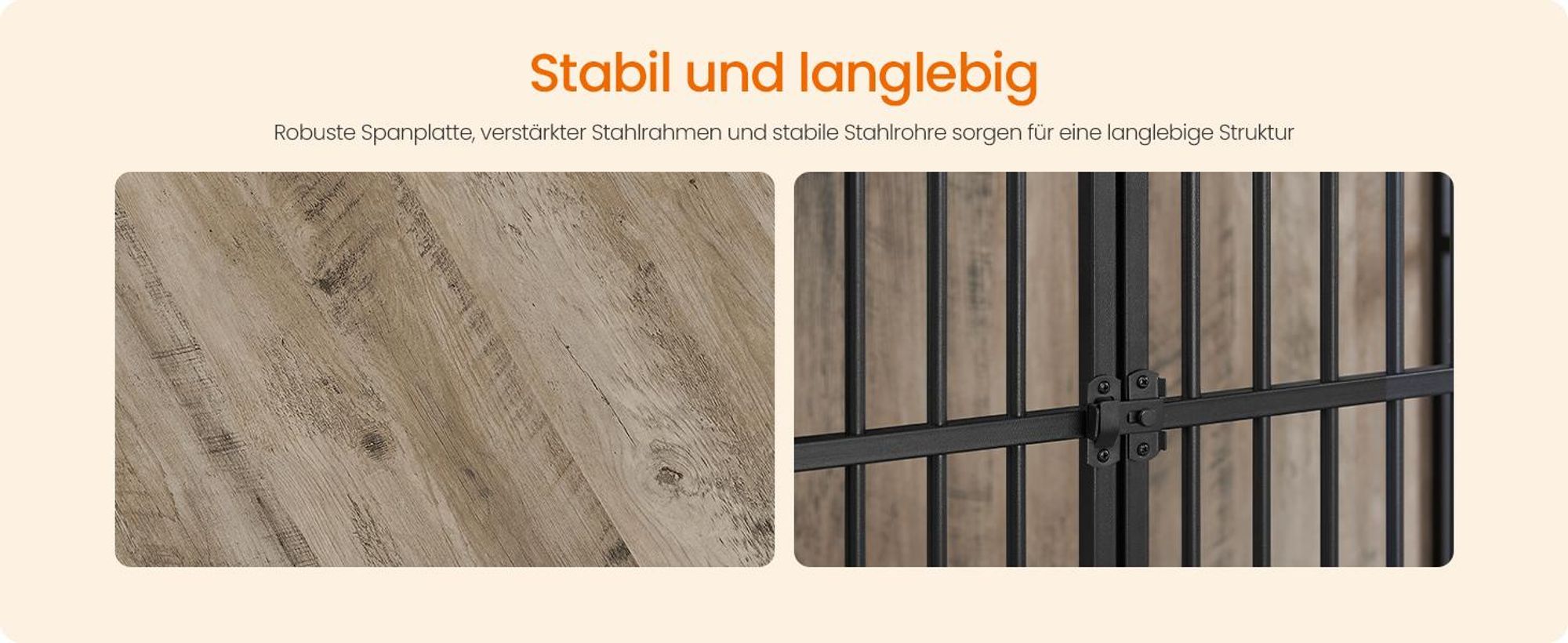 Feandrea Hundekäfig Möbel, Hundebox, moderne Hundehütte indoor für Hunde bis zu 32 kg, hochbelastbar, geschlossener Boden, 2 Türen, greige