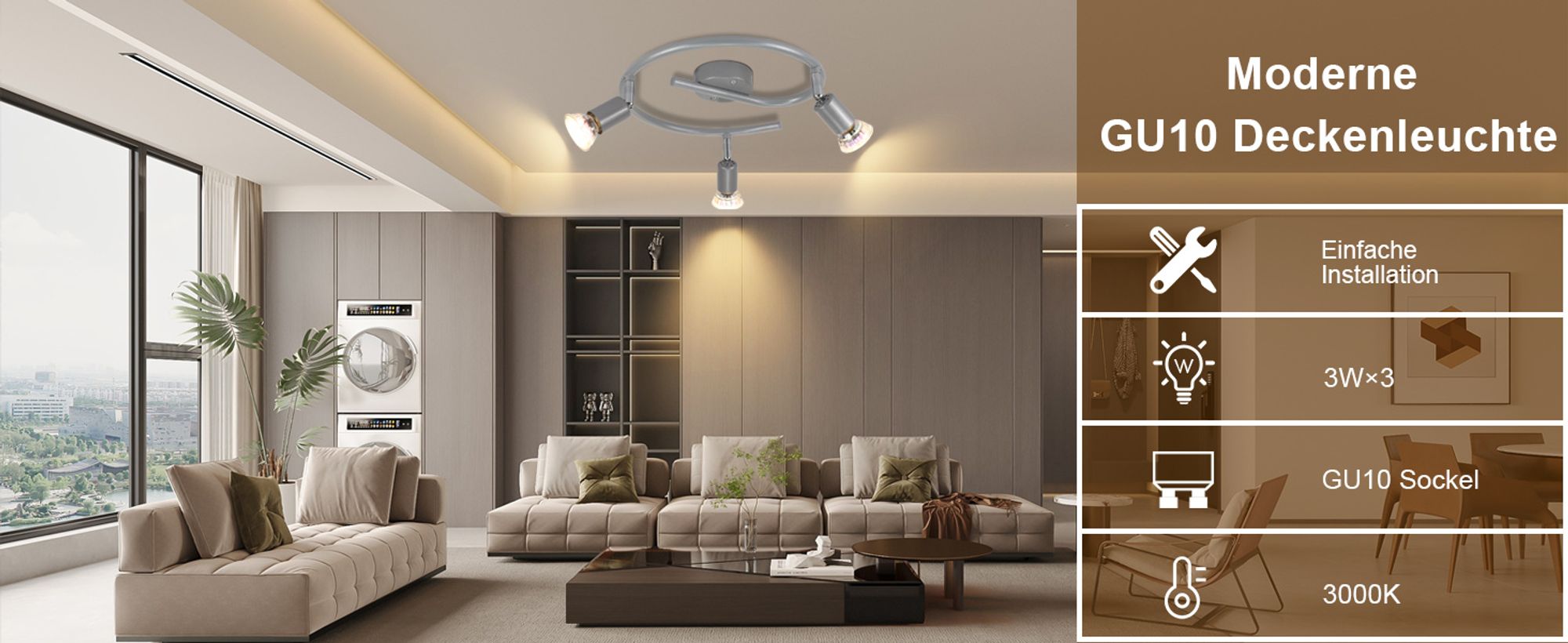 ZMH LED Deckenstrahler Schwenkbar GU10 Glänzendes Silber Deckenlampe Deckenspots 3 Flammig Deckenleuchten Industrial Wohnzimmer Schlafzimmer Küchen Leuchtmittel Enthalten
