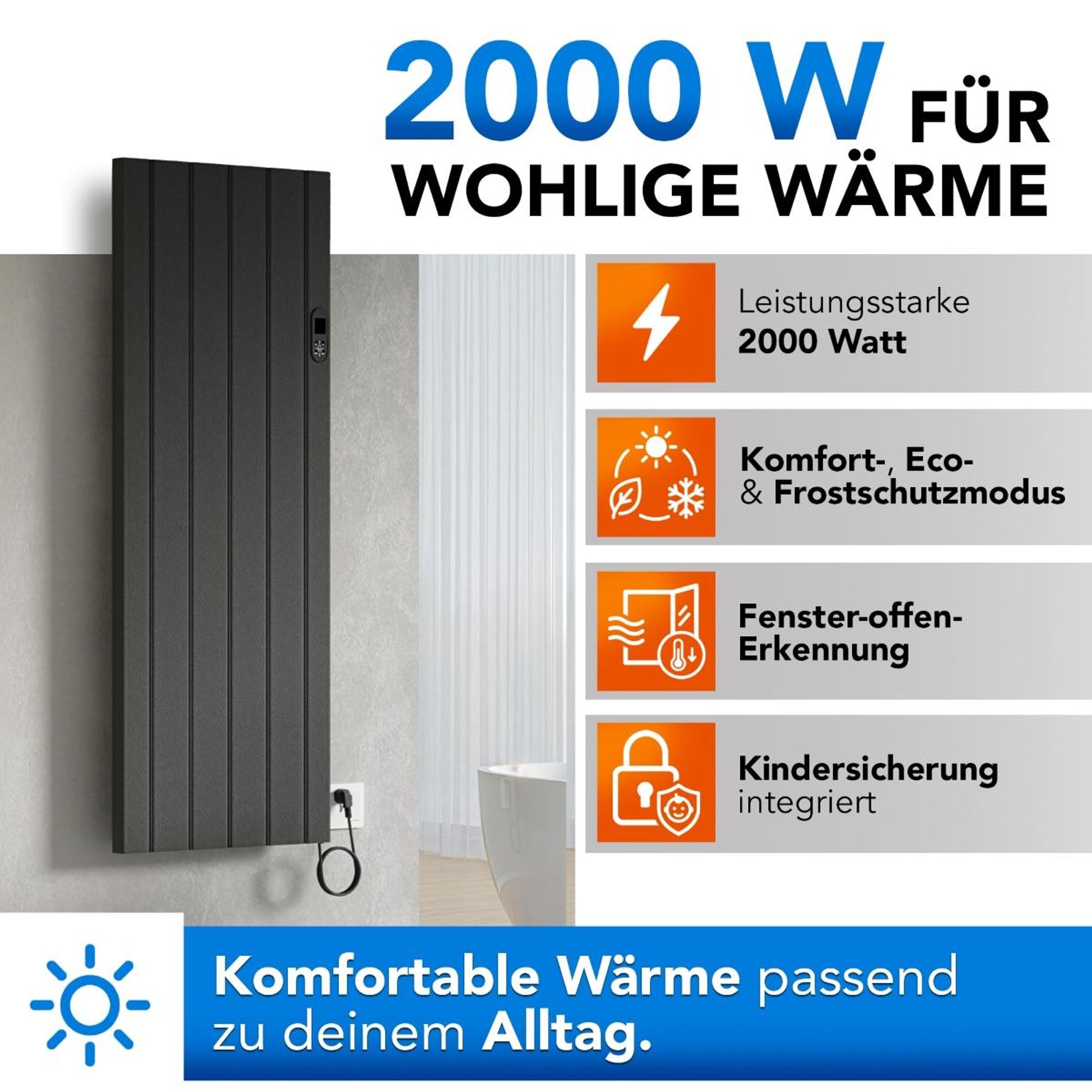 BELVIT Elektroheizkörper 2000 W Mattschwarz mit Smart WLAN und digitalem Thermostat