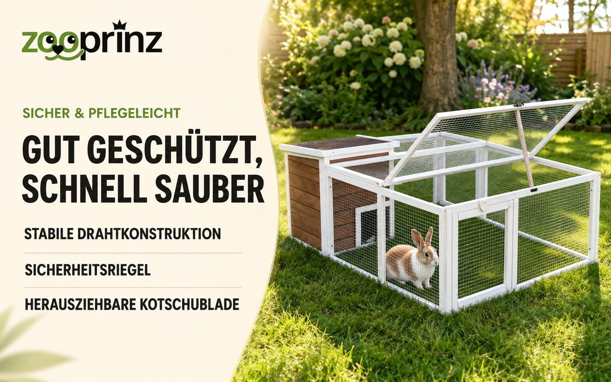 zooprinz Kaninchenstall Hasenstall Comfort L | Freilauf Auslauf Gehege | mit Haus | Wettefest | Klappdach
