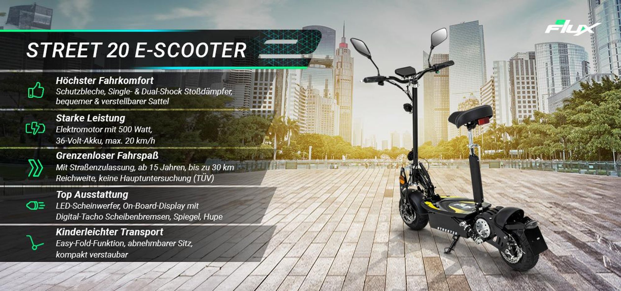 eFlux E-Scooter Street 20 Pro | Scooter Klappbar - Elektro Roller - Straßenzulassung - Sitz höhenverstellbar - E-Roller - 20 km/h - 500 W (Schwarz)