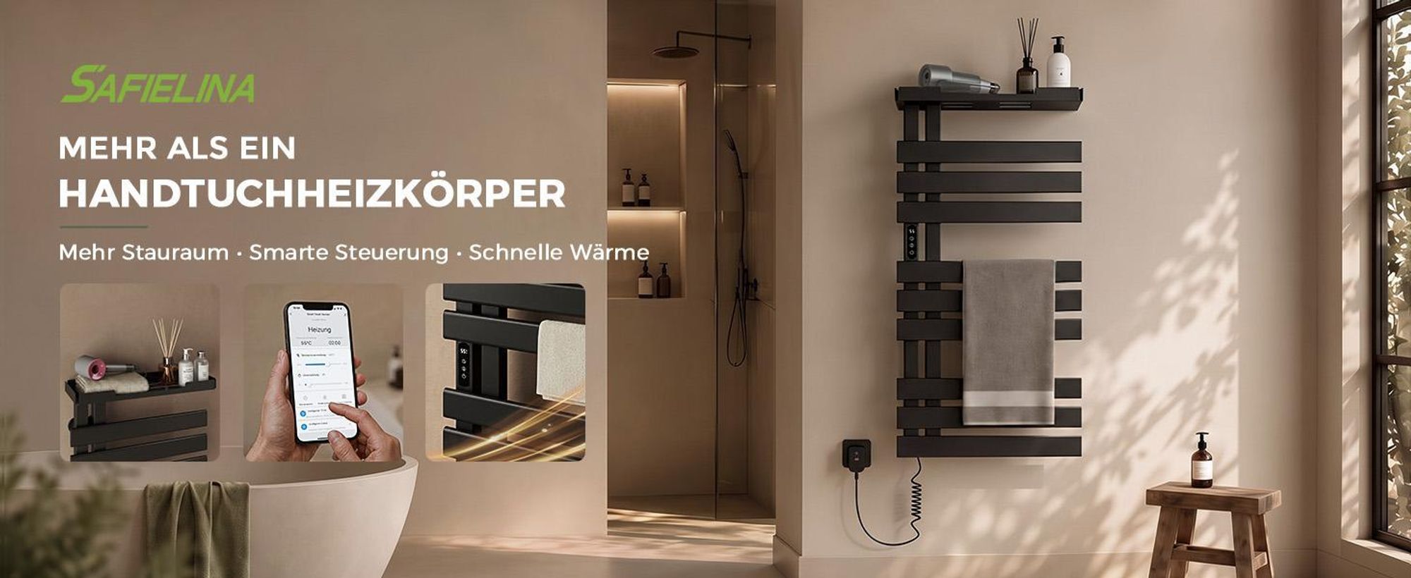 S'AFIELINA Handtuchheizkörper elektrisch mit Ablage 1050×500mm 335W Schwarz,Smart Handtuchwärmer mit WLAN-App, Carbonfaser-Heizung, 6 Heizmodi