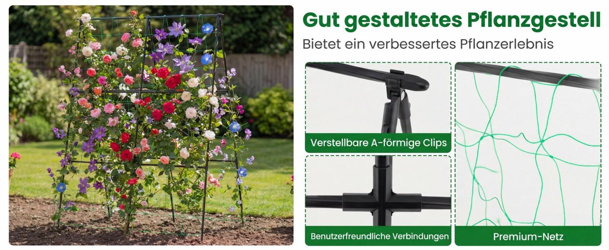 COSTWAY Gurke Rankhilfe Set, A-förmig, Pflanzenhalter mit Gartennetz & Pflanzenclips, Rankgitter Metall, Pflanzenstütze 130x105x151cm, Schwarz