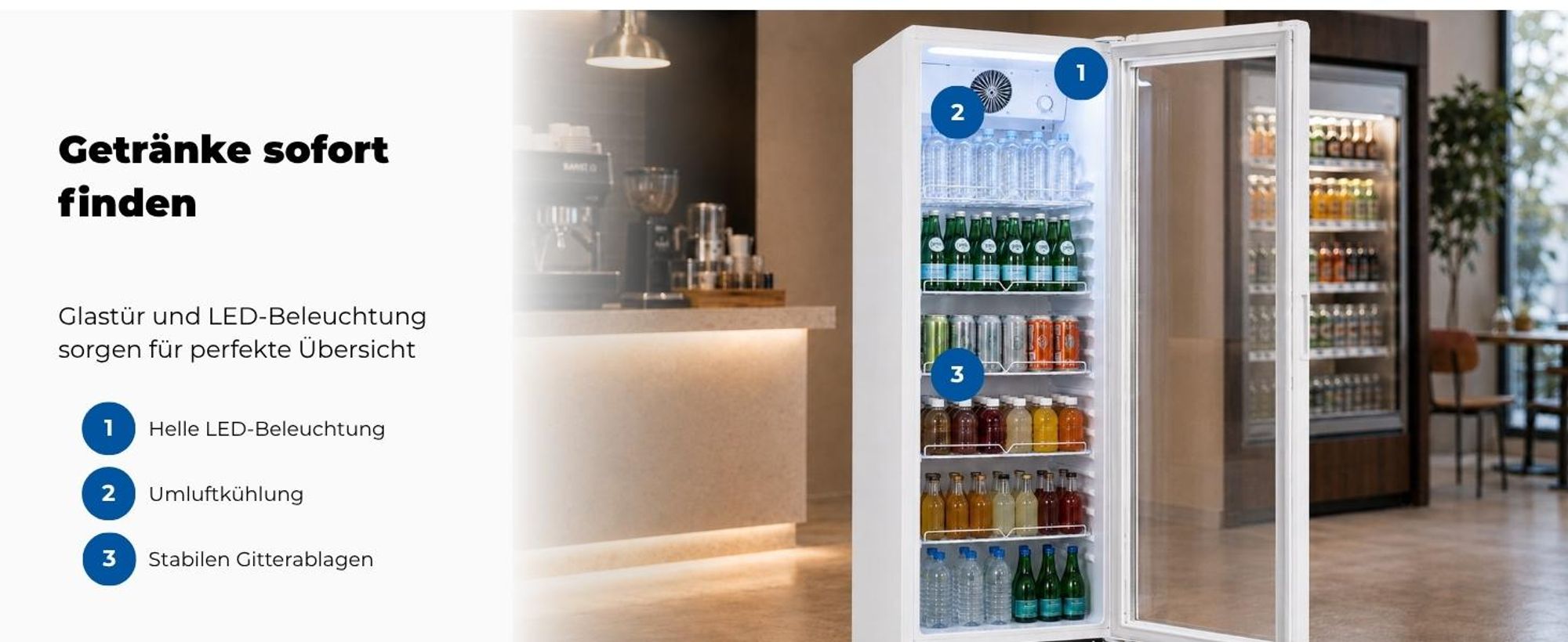 Exquisit Glastürkühlschrank, 280l Getränkekühlschrank mit LED, Umluft, 5 verstellbare Ablagen, CoolPro, GKS5260-GT-431D weiss