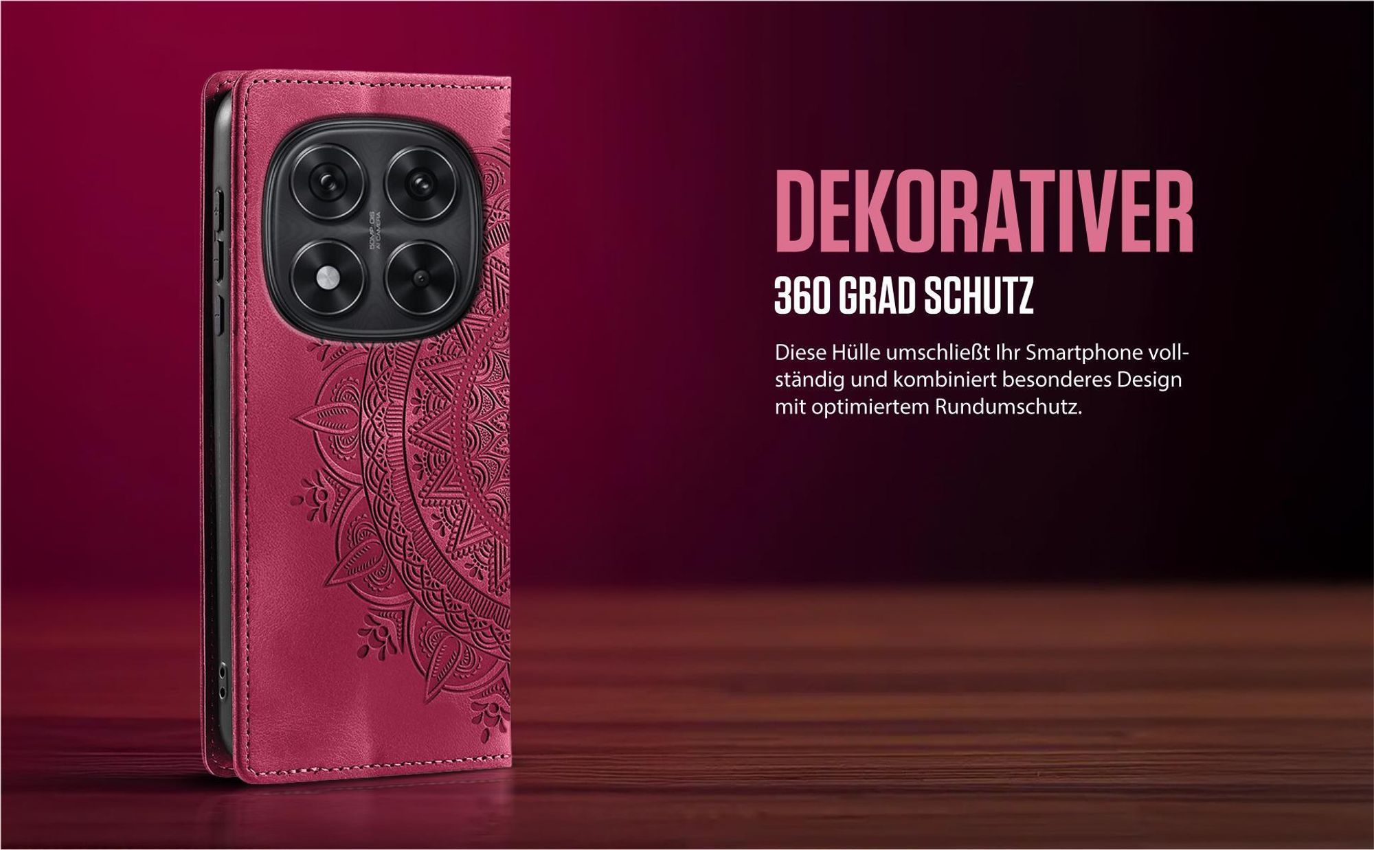 Mandala Design Flipcase in Magenta für Xiaomi Redmi Note 15 Pro+ 5G mit 360 Grad Schutz