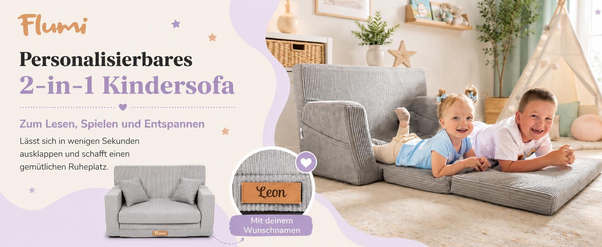 Flumi Kindersofa ausklappbar, Kindercouch mit Schlaffunktion, waschbarer Bezug