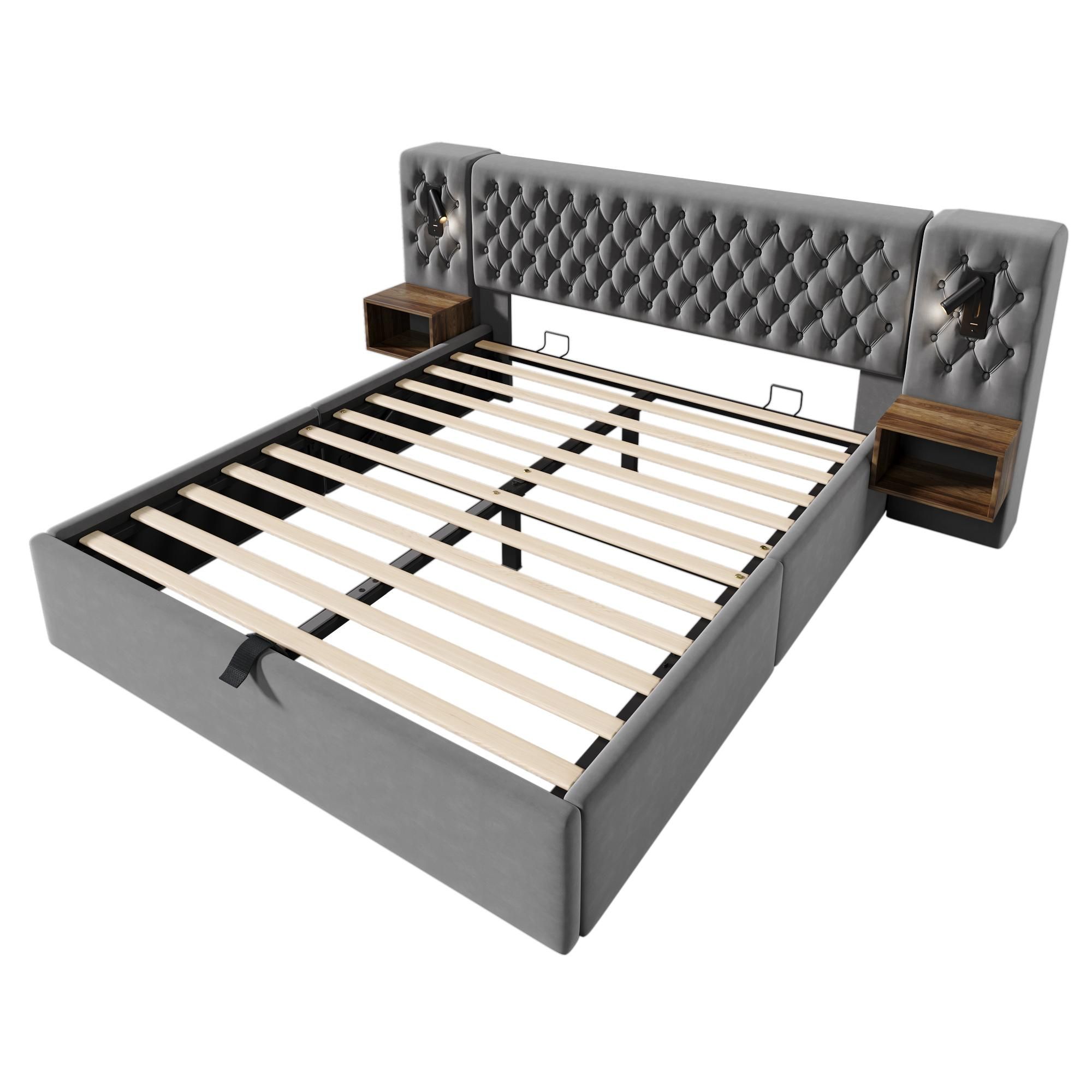 Flieks Hydraulisches Polsterbett 160x200cm mit USB und Nachttisch, Doppelbett Boxspringbett mit Leselampe, Stauraumbett Holzbett Samt, Grau