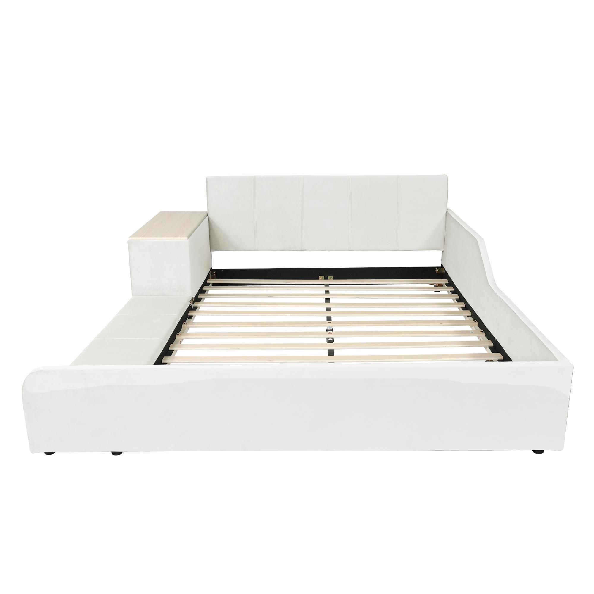 Flieks Polsterbett Kinderbett 140x200cm mit Schreibtisch und Hocker, Bodenbett Doppelbett mit Rausfallschutz, Holzbett mit Lattenrost, Samt, Weiß