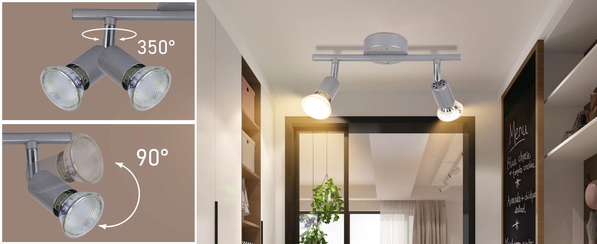 ZMH LED Deckenstrahler Schwenkbar GU10 Glänzendes Silber Deckenleuchte Deckenspots 2 Flammig Wandleuchten Bad Deckenlampe Küchen Flur Schlafzimmer Leuchtmittel Enthalten