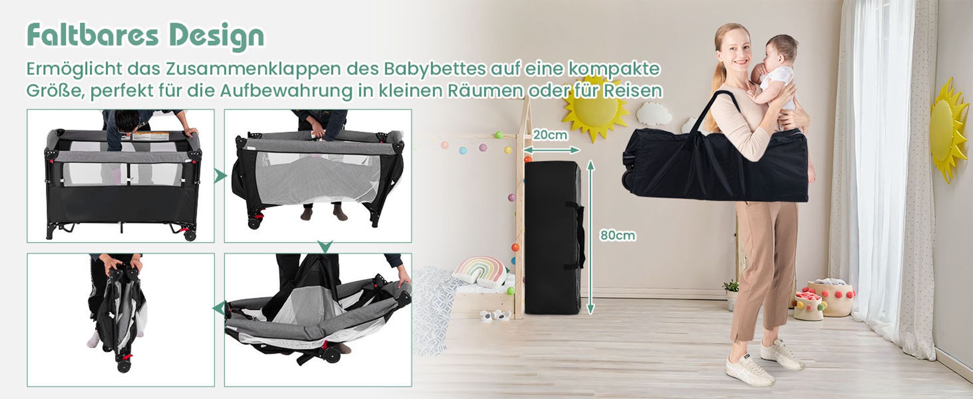 5 in 1 Reisebett mit Matratze 120 x 60cm, Höhenverstellbar Beistellbett mit Wickeltisch, Spieluhr & Spielzeug, Laufstall | Babybett | Babyschaukel für Baby ab Geburt (Grau)