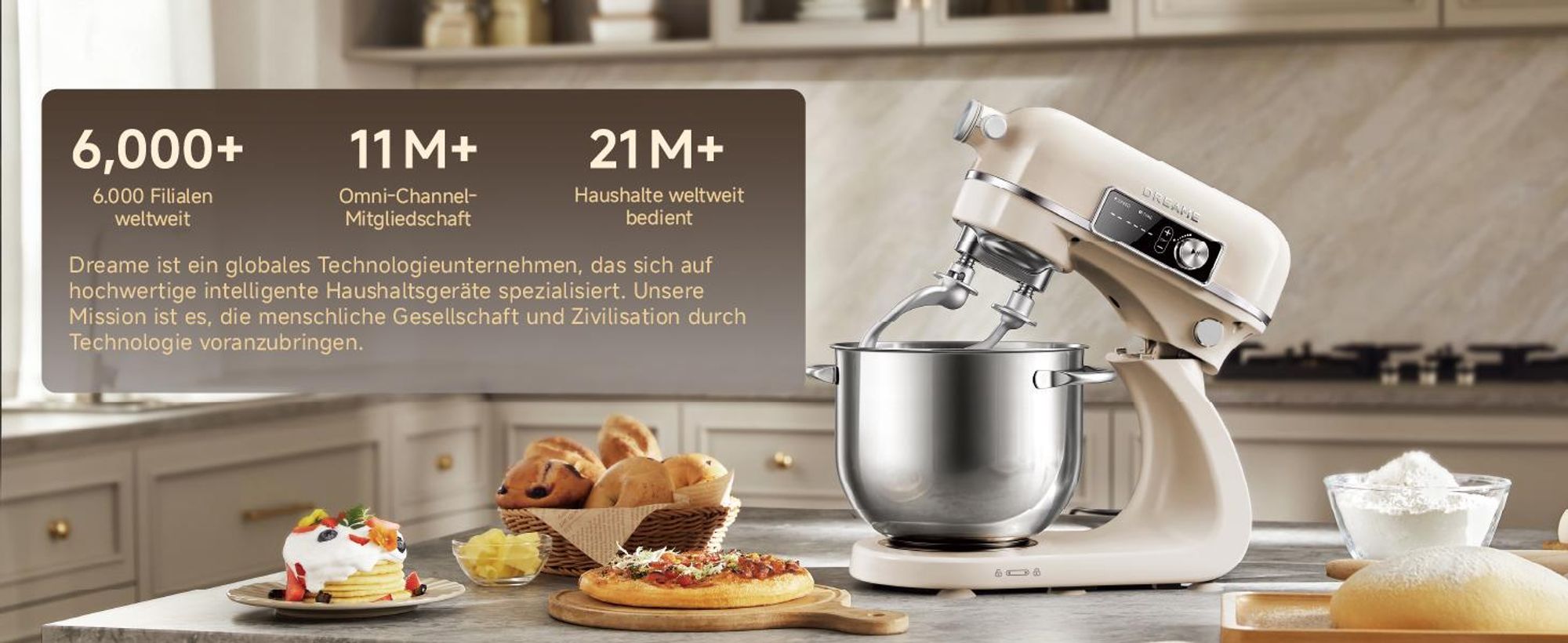 Dreame MX60 Standmixer mit patentiertem Doppelteighaken,leisem 800W,Intelligent Digitalanzeige,12 Geschwindigkeitsstufen,6-Liter Rührschüssel,creme