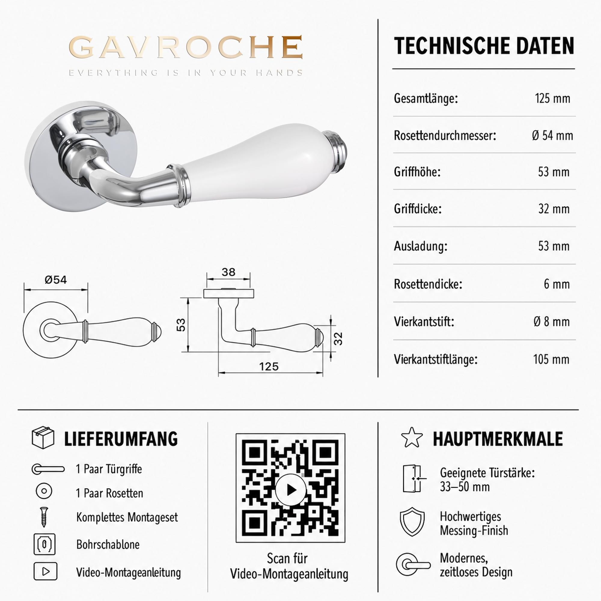 Technische Übersicht mit Produktmaßen, Lieferumfang und QR-Code zur digitalen Montageanleitung.