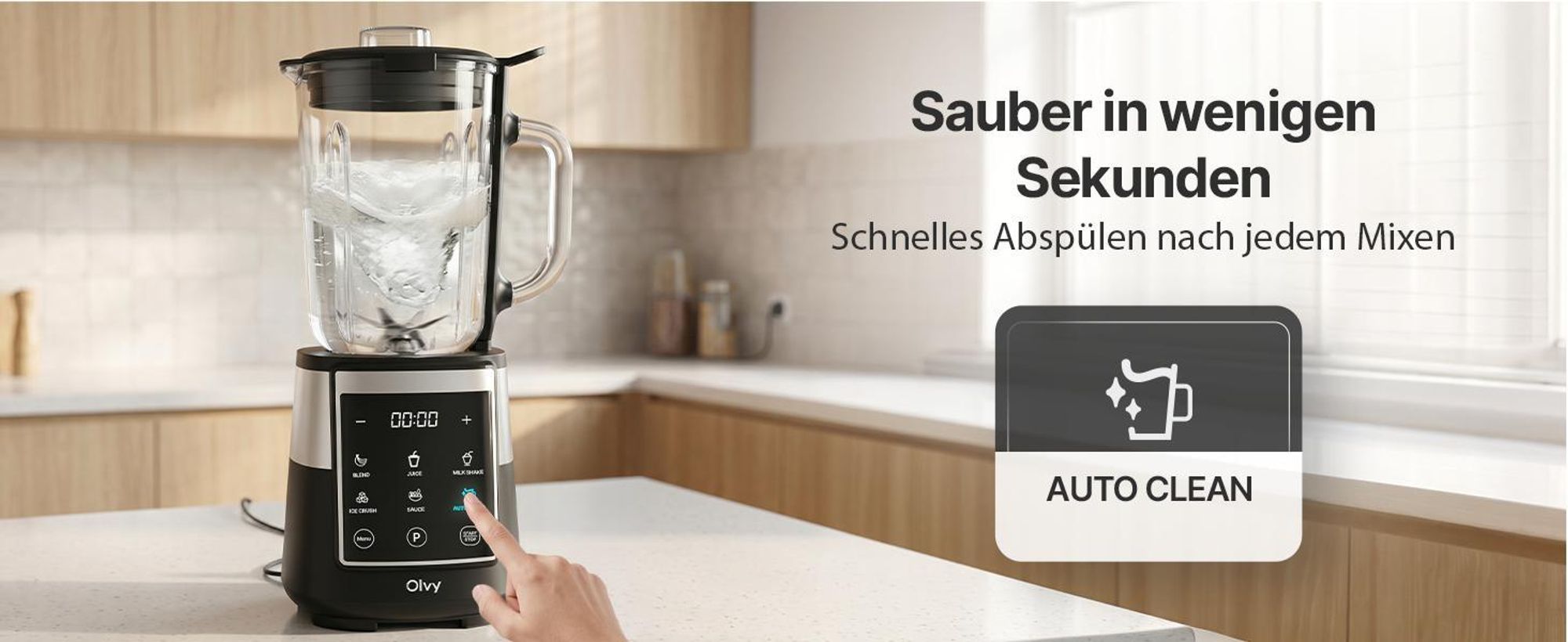 Olvy Standmixer, 1,5 L Glasbehälter mit 600ml Tritan-Becher, Touchscreen-Mixer mit Pulse-Funktion & Auto-Clean, Smoothie Maker und Ice Crusher