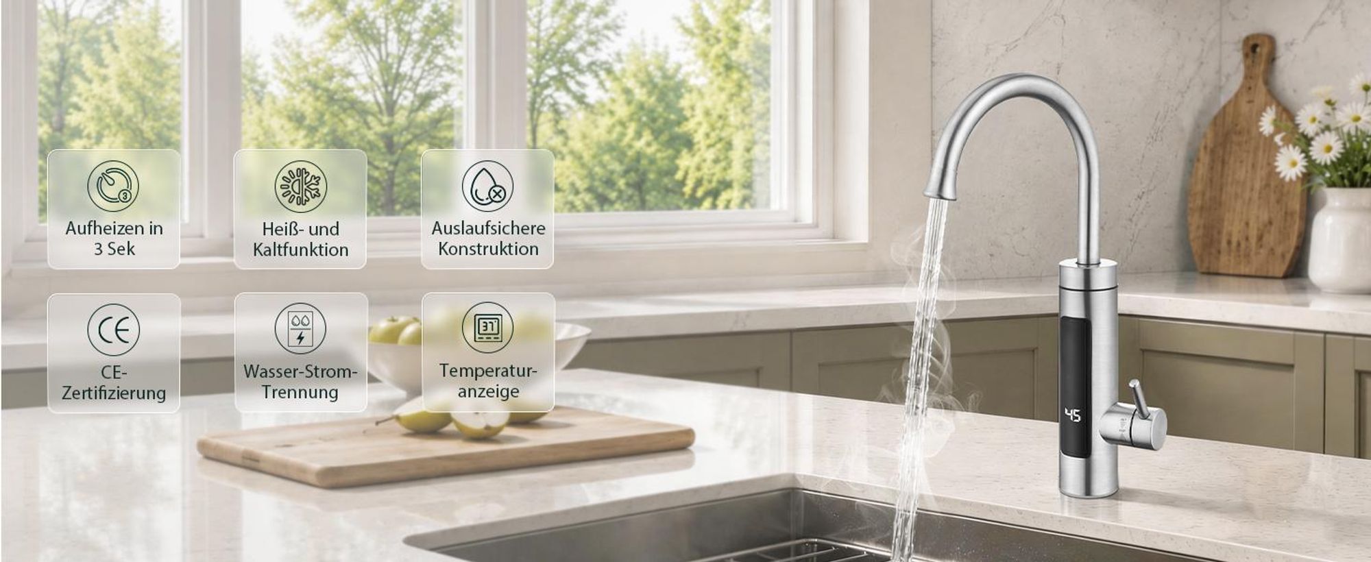 Elektrische Küchenarmatur mit Durchlauferhitzer, Smart Heater Wasserhahn 360° drehbar, Edelstahl Wasserhahn Küche mit LED Temperaturanzeige, Elektrisch Durchlauferhitzer für Bad/Küche