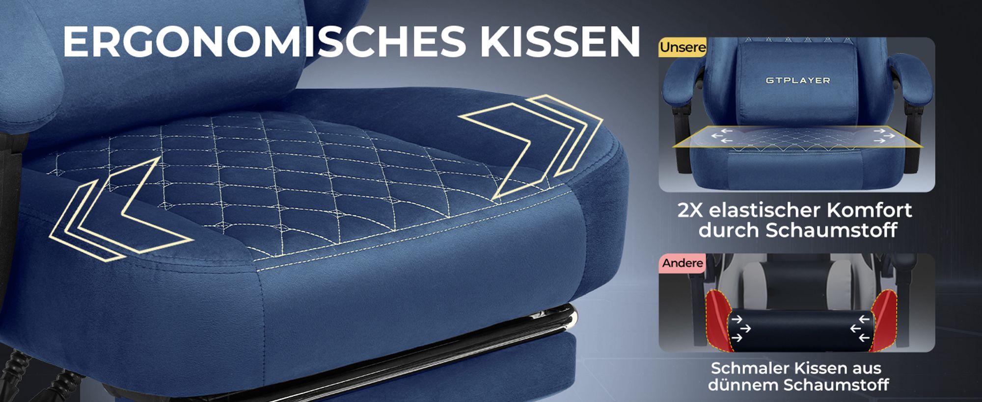 GTPLAYER Gaming Stuhl Stoff Gaming Chair Ergonomisch Bürostuh PC Stuhl,  Verstellbarer und Drehbarer Schreibtischstuh mit Fußstütze, Blau