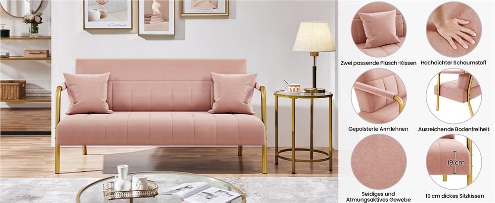 Yaheetech Polstersofa mit Armlehnen & Beine aus Metall Modernes Zweisitzer-Sofa mit 2 Lendenkissen Loveseat fürs Wohnzimmer/Schlafzimmer Rosa