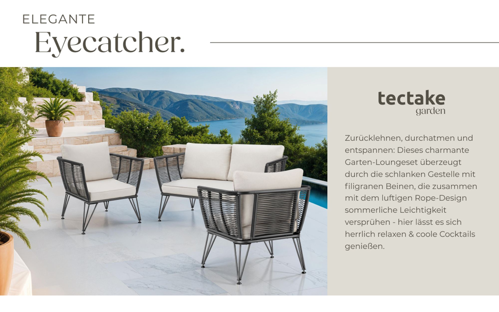 tectake® Garten-Loungeset Sundo im Rope-Design mit Polyrattan