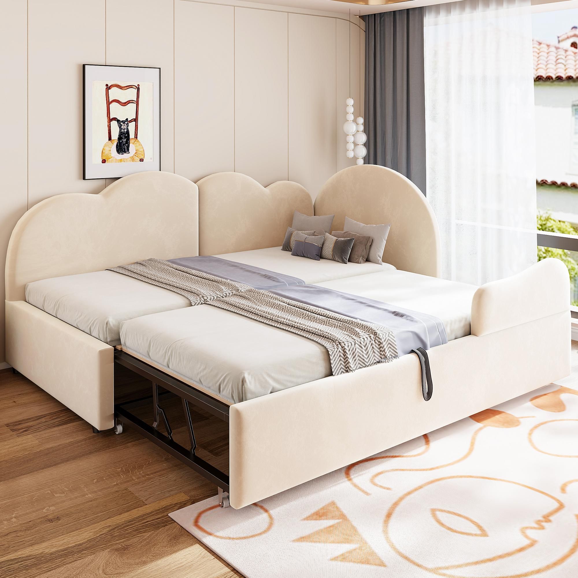 Merax Polsterbett Schlafsofa 90x200 cm L-Form mit Ausziehbett 180x200 cm, Kinderbett mit Wolken Kopfteil, Gästebett aus Samt mit Lattenrost, Beige