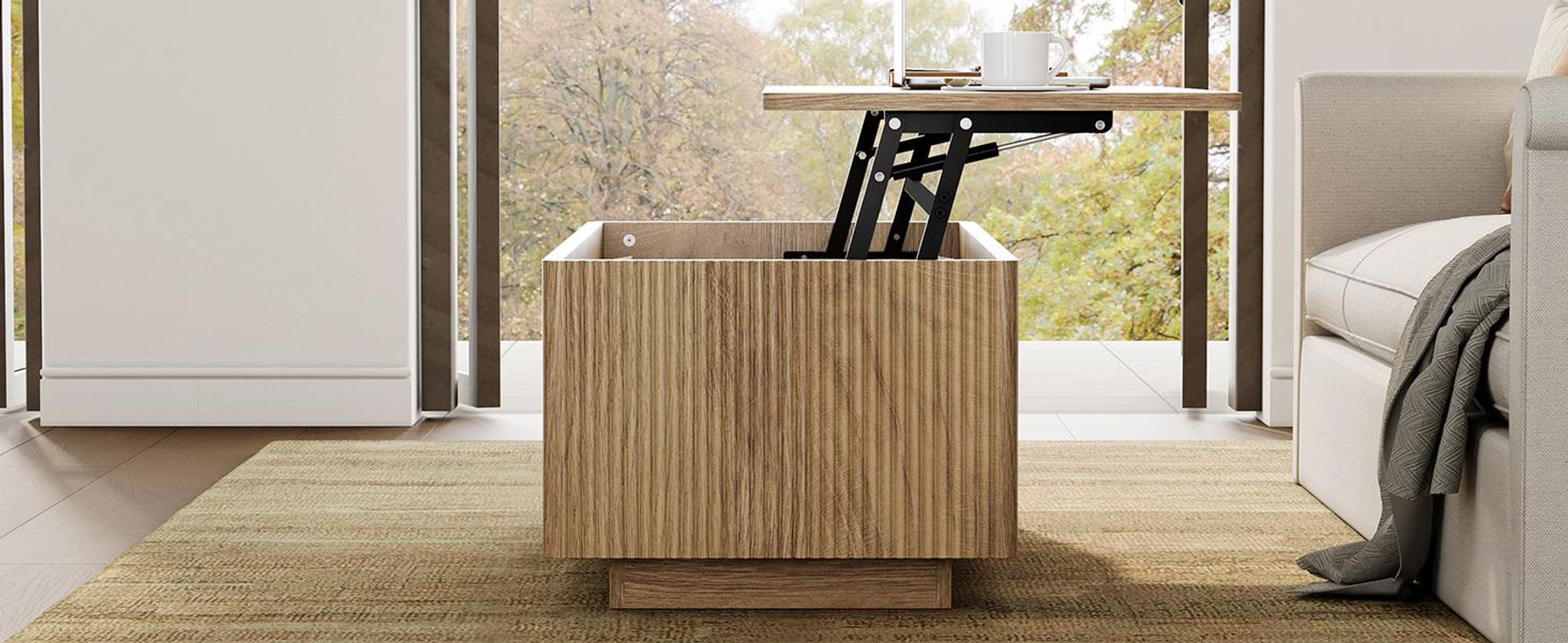FABATO Lift-Couchtisch 106 cm mit großem verstecktem Stauraum, rechteckiges Fluted-Design mit abgerundeten Ecken, aufklappbar, Holz-Optik