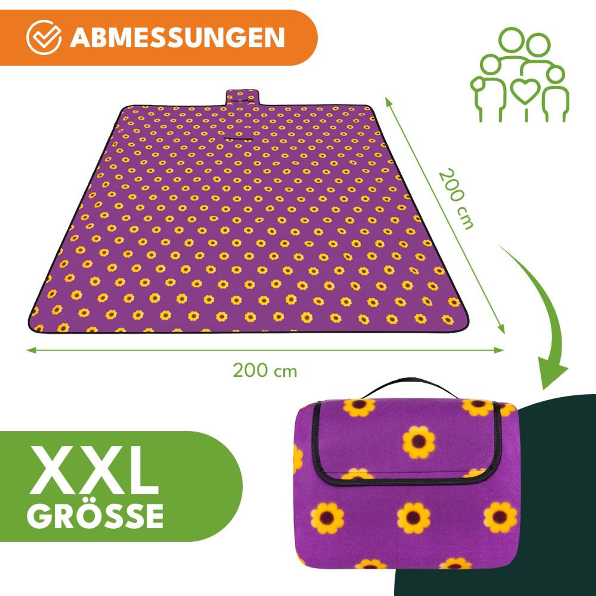 KRUMAD Picknickdecke 200x200 cm, Isoliert & Wasserdichte Decke XXL, Fleece Outdoor Decke Faltbar mit Tragegriff, Dreilagige Stranddecke, Lila