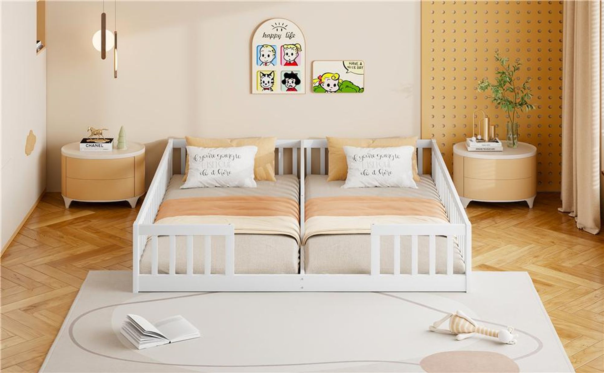 Merax Kinderbett 2× 90x200 cm, Massivholzbett mit Gitter, Lattenrost, Kiefernholz, Bodenbett, Flachbett, Jugendbett, Weiß