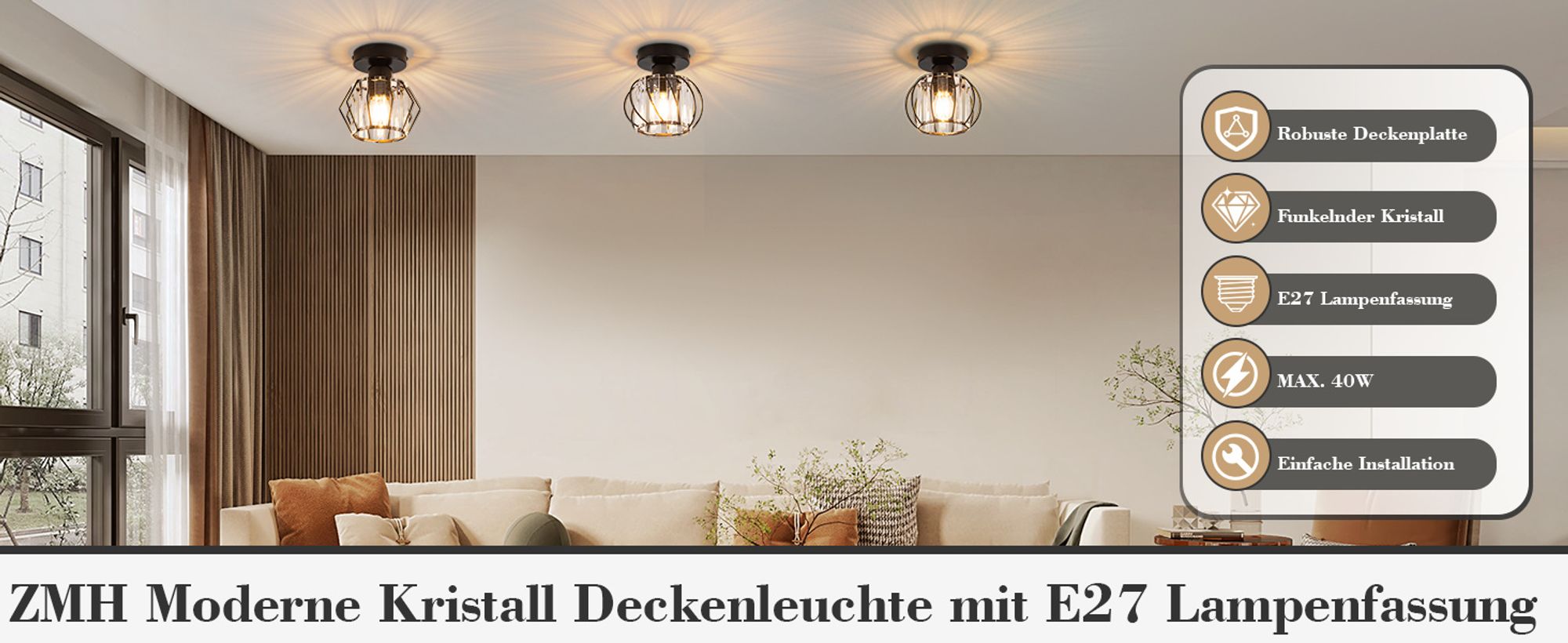 ZMH Deckenlampe Modern Deckenleuchte Kristall Schwarz Flurlampe E27 Vintage Küchenlampe mit Metall Rahmen Innen Deckenbeleuchtung für Flur Korridor Küche Balkon Wohnzimmer Hotel (Ohne Leuchtmittel)