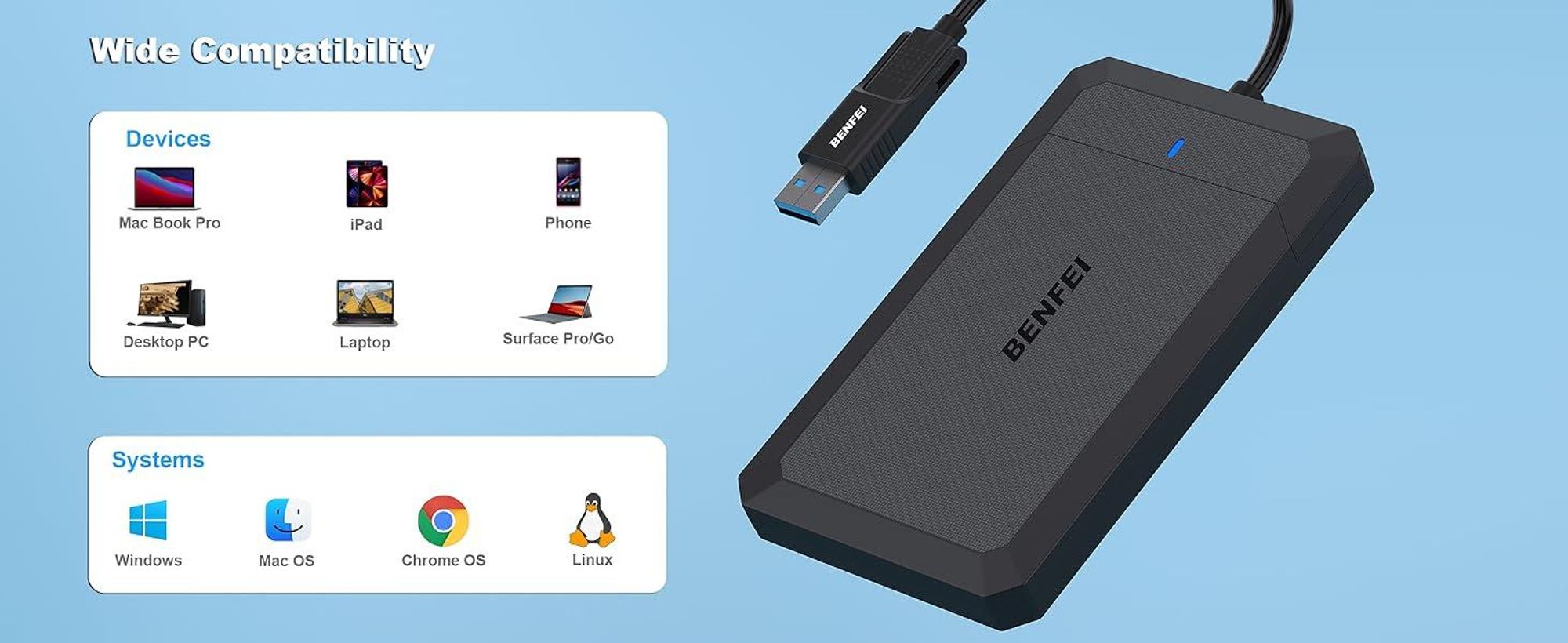 BENFEI Festplattengehäuse Externes 2.5 Zoll SATA Festplattengehäuse USB C /A