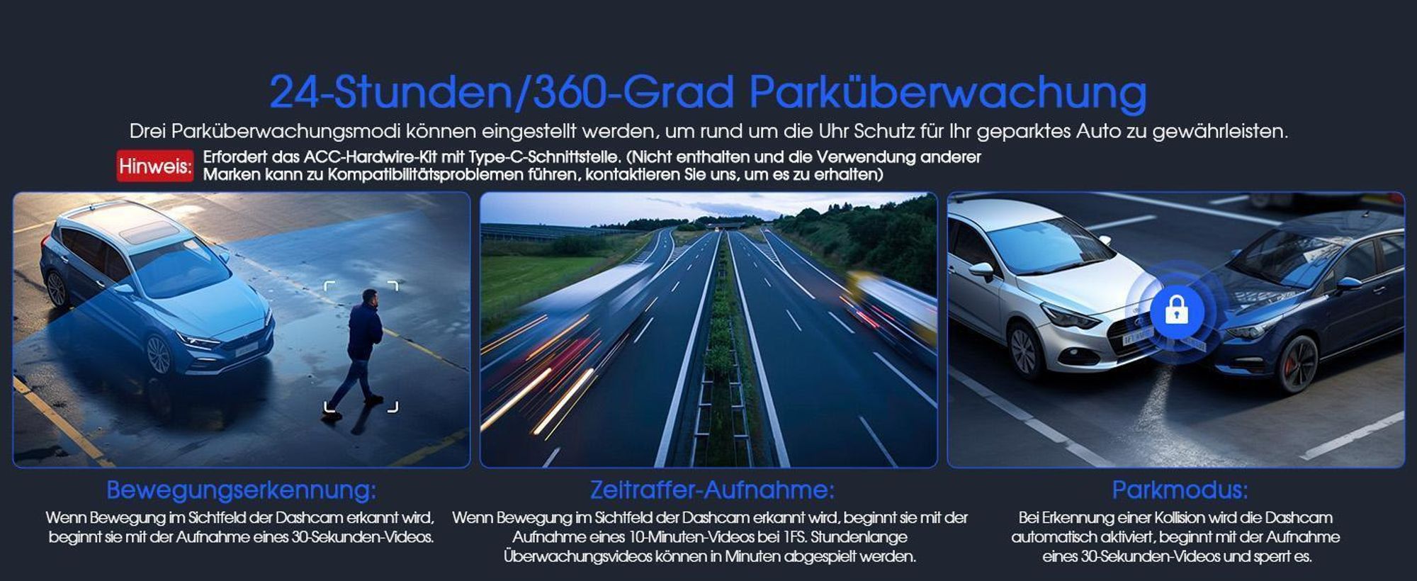 3-Kanal-Dashcam, 4K+1080P+1080P Dashcam Auto Vorne Innen Hinten mit 64GB SD Karte