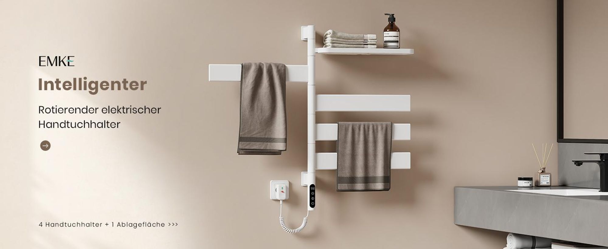 EMKE Elektrischer Badheizkörper mit drehbarem Handtuchhalter und Ablage Thermostat WiFi-App Sprachsteuerung Timer 76x45x14cm weiß