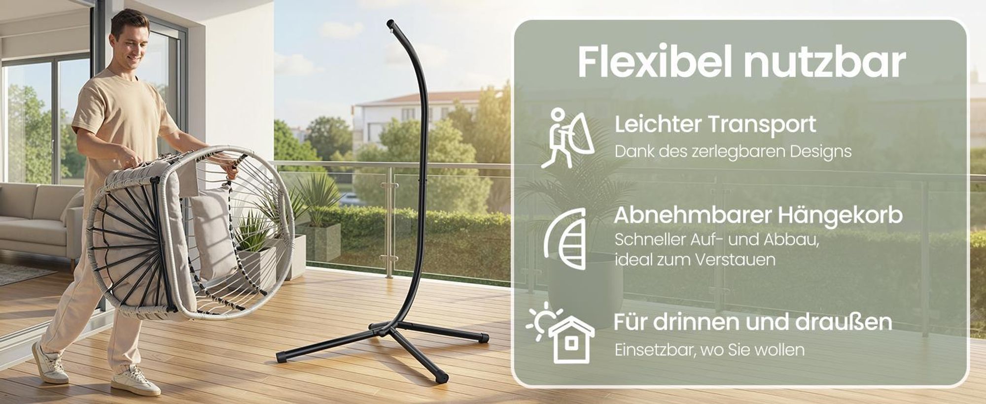 SONGMICS Schaukelstuhl mit Gestell, klappbarer Korbsessel höhenverstellbar, Hängeschaukel für Garten Balkon, Kissen, grau