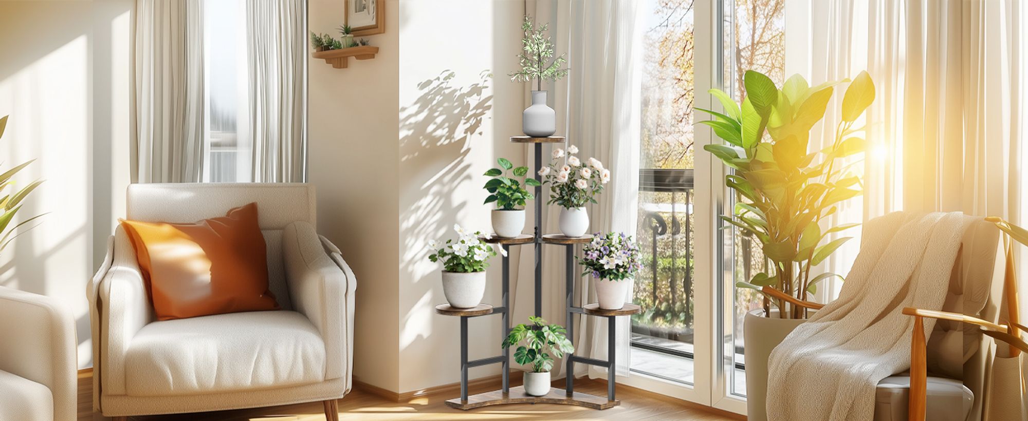 unho Blumentreppe 6 Ebenen, Blumenständer Indoor, Ecke Pflanzenregal Blumenregal Pflanzenständer Metall für Balkon, Garten, rustikal, 50 x 108cm