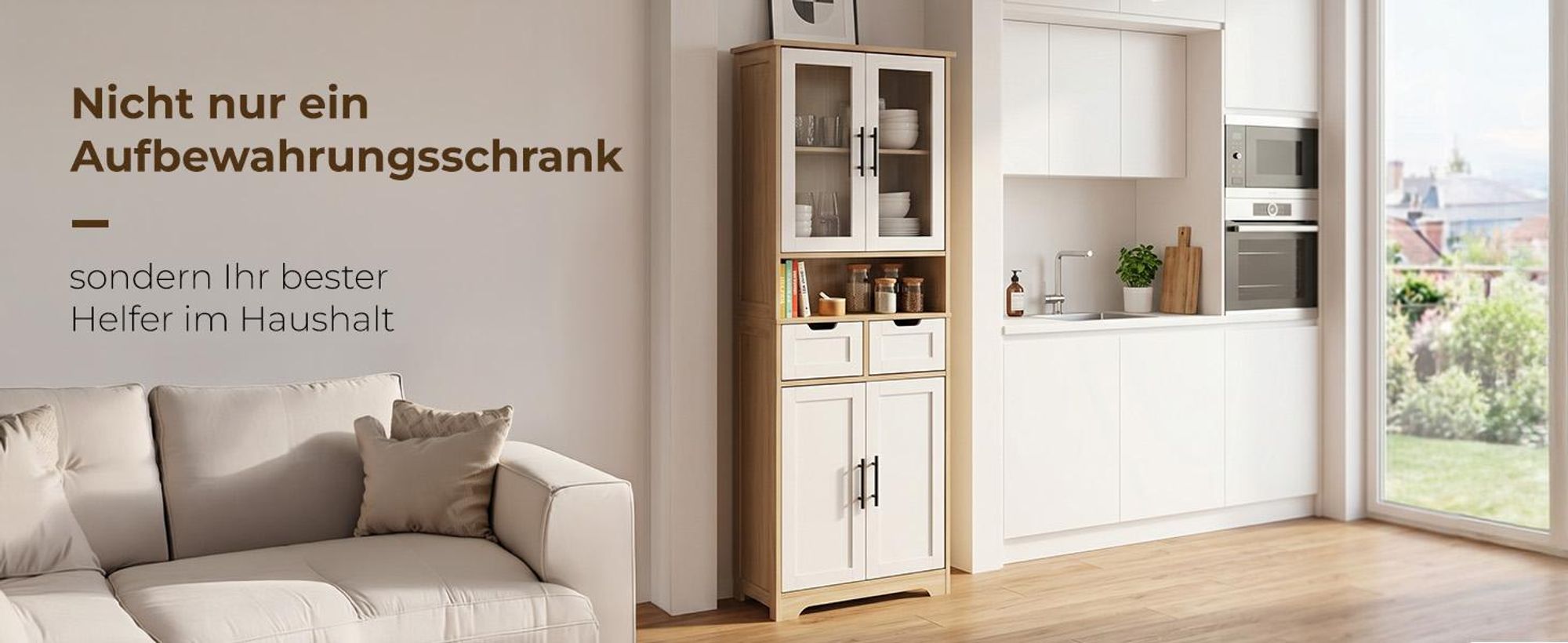 FCH Küchenunterschränke,Vorratsschrank, mit 4 Türen und 2 Schubladen,60 x 30 x 170cm, Weiß + Eichenoptik