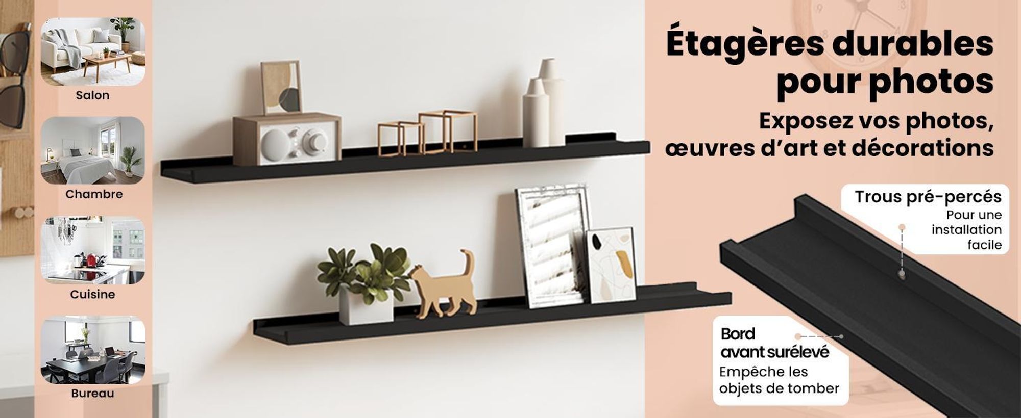 vidaXL Baguettes à tableaux 2 pcs. noir 80x9x3 cm MDF