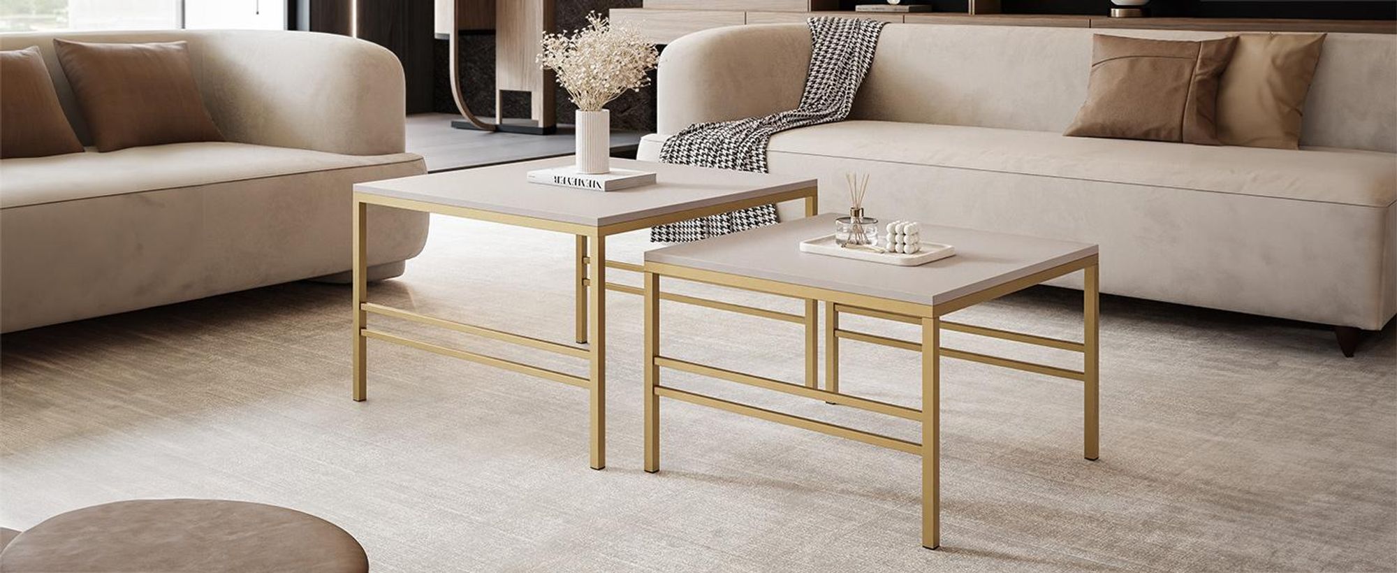 Idohome - Moderner Couchtisch FORMA 2in1 70/60 cm für das Wohnzimmer 2er Set mit Metalgestell Kaffeetisch Wohnzimmertisch Gold Matt / Kaschmir