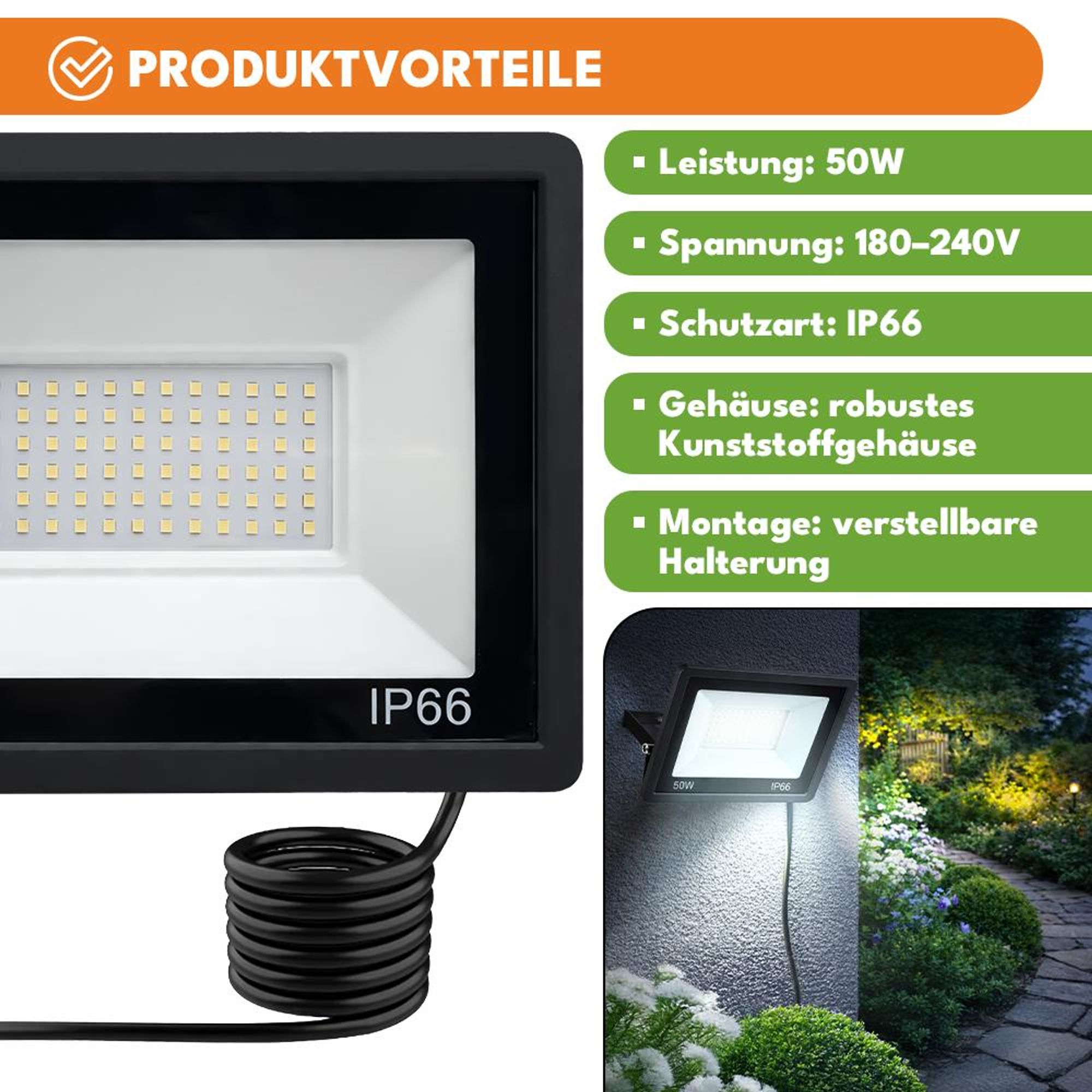 KRUMAD LED Strahler mit Bewegungsmelder Außen 50W – Außenstrahler für Hof, Garage & Einfahrt – Automatische Sicherheitsbeleuchtung